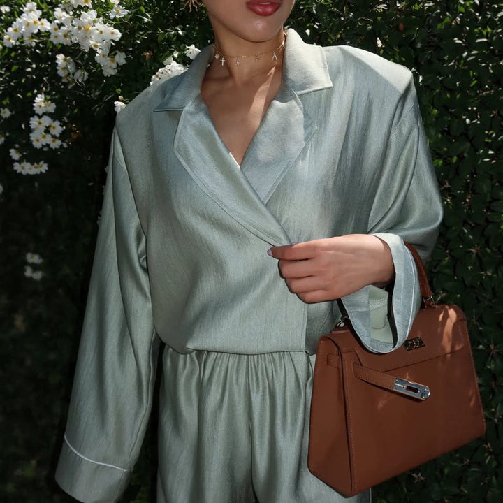 Women's satin two-piece set with wrap blouse, wide pants and elastic waistband Amarae