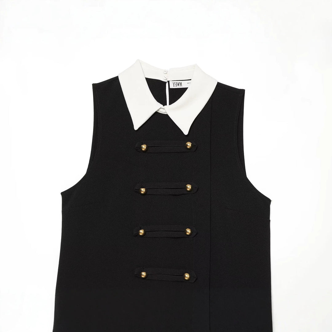Women's Sleeveless A-Line Mini Dress with Contrasting Shirt Collar and Decorative Button Plackets Amarae