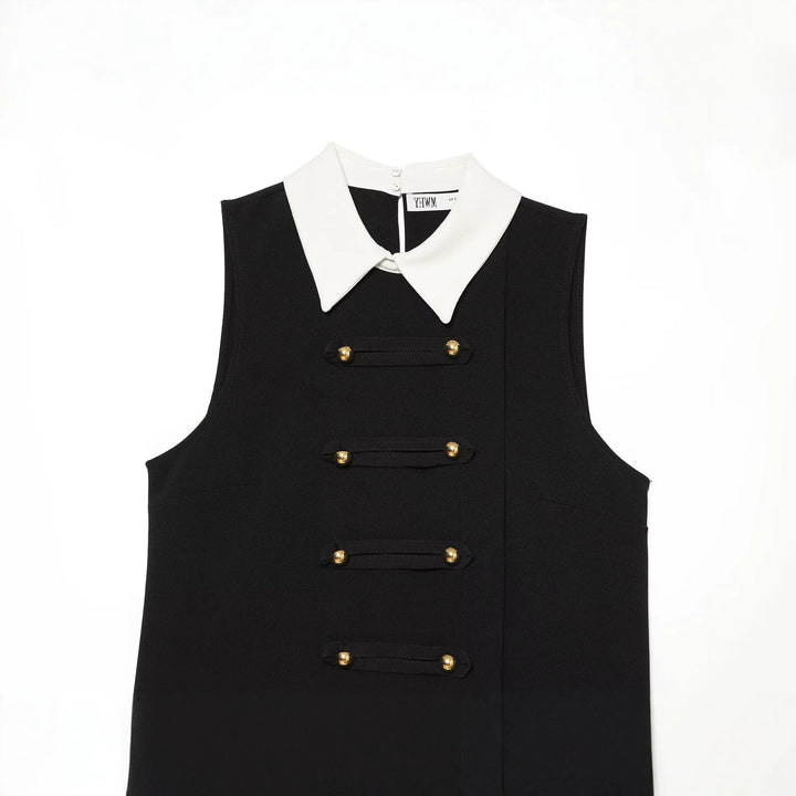 Women's Sleeveless A-Line Mini Dress with Contrasting Shirt Collar and Decorative Button Plackets Amarae