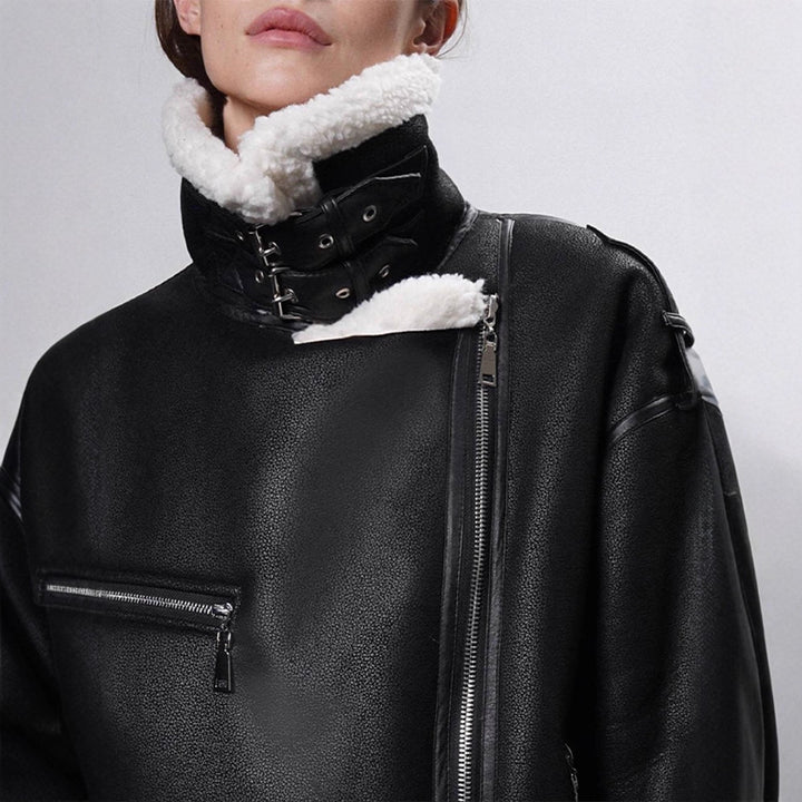 Women's Oversized Biker Jacket with Teddy Fur Lining and Adjustable Belts Amarae