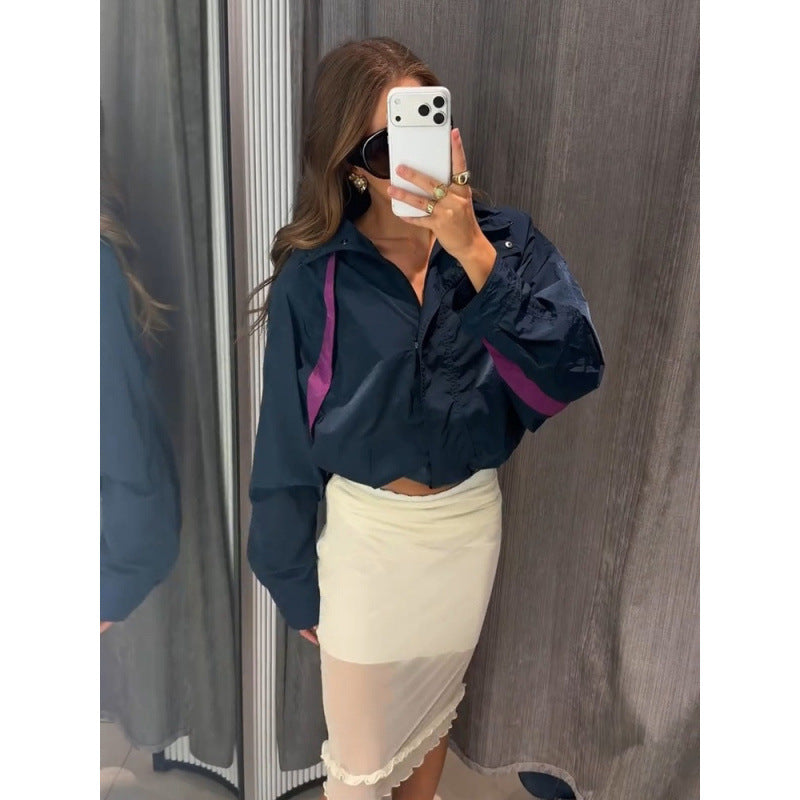 Women's Lightweight Oversized Windbreaker with High Stand-Up Collar and Contrast Stripes Amarae