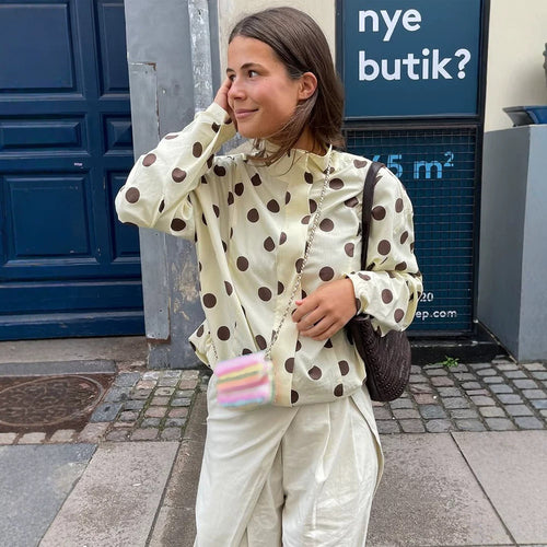 Women's Boxy Shirt Jacket with Stand Collar, Balloon Sleeves and Large Polka Dot Print Amarae