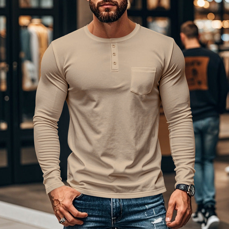 Men's long-sleeve shirt with modern Henley neckline and practical chest pocket Chic and style