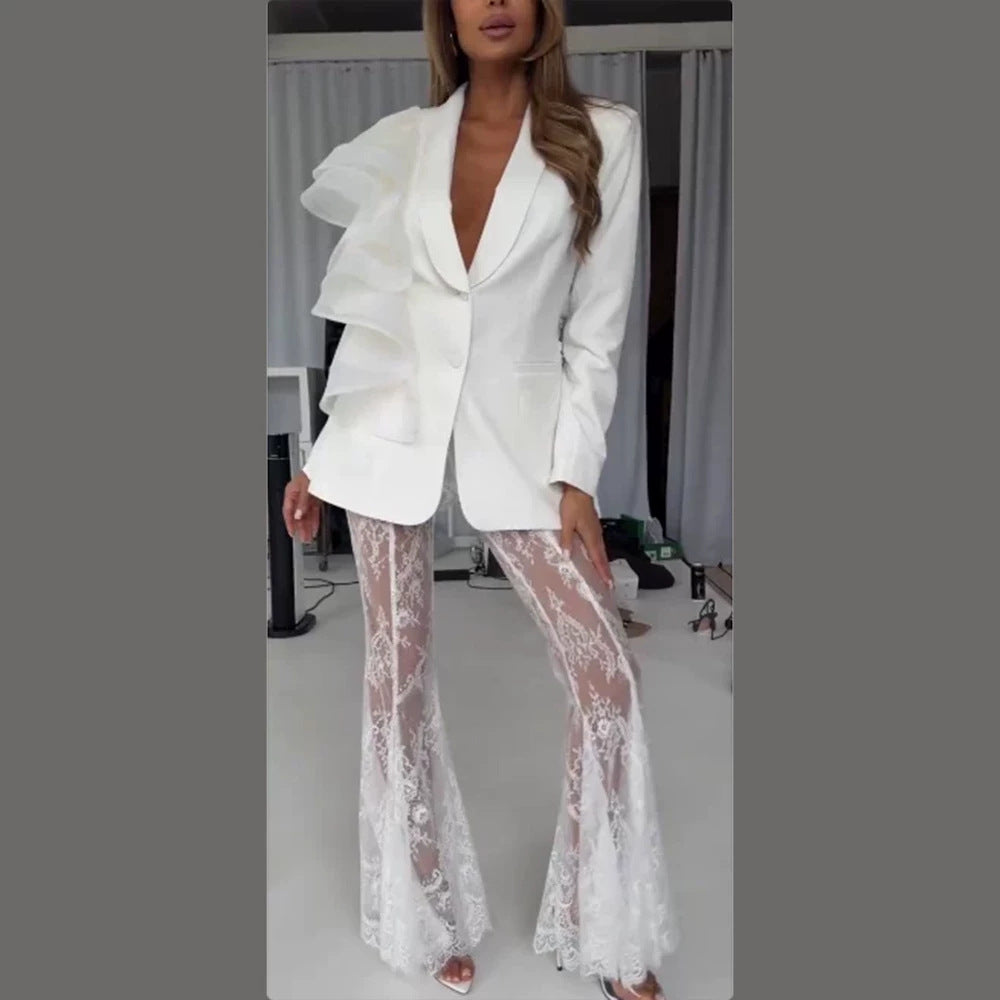 Women's tailored blazer with asymmetrical organza ruffle Amarae