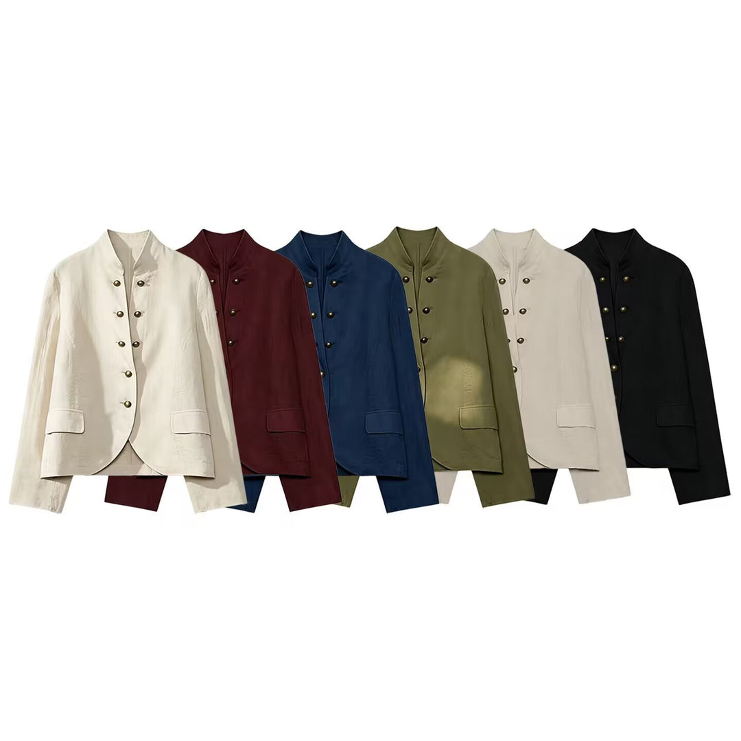 Women Tailored Stand Collar Blazer with Decorative Metal Buttons Amarae