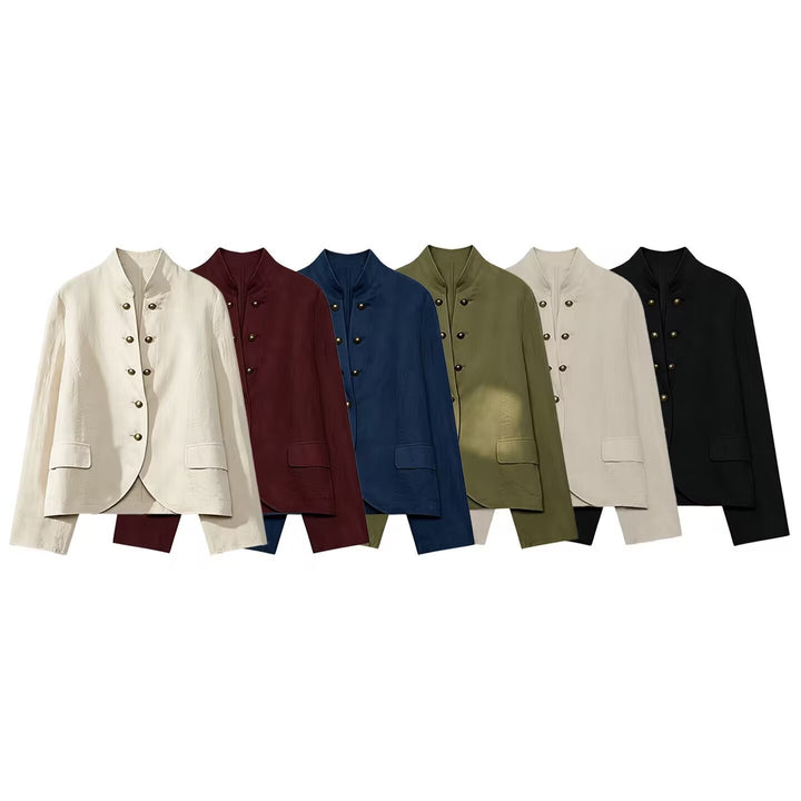 Women Tailored Stand Collar Blazer with Decorative Metal Buttons Amarae