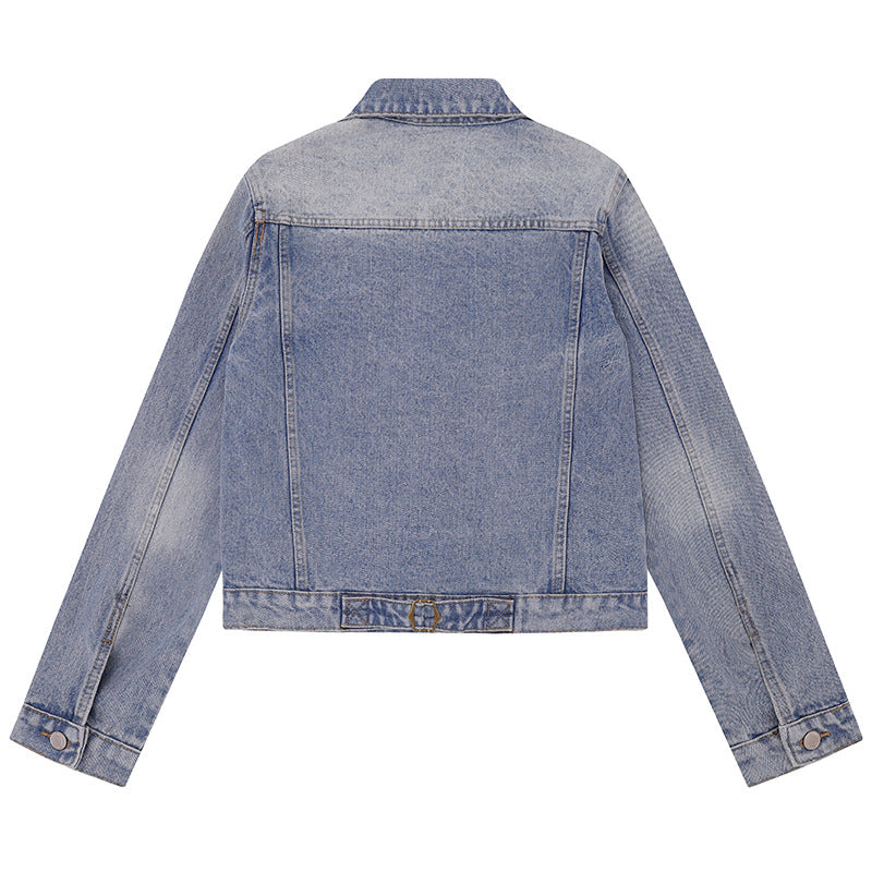 Women's short vintage denim jacket with chest pockets, zipper detail and button placket Amarae