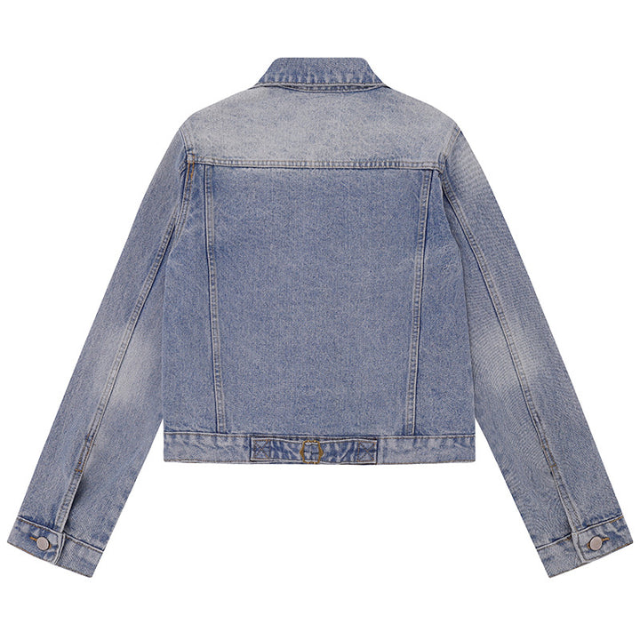 Women's short vintage denim jacket with chest pockets, zipper detail and button placket Amarae