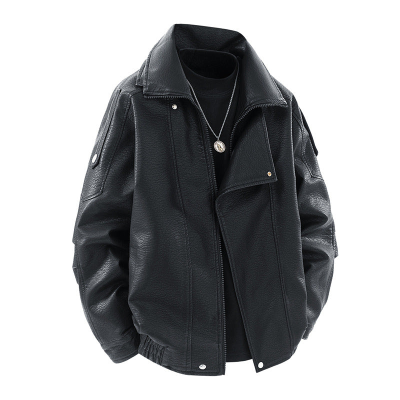 Trendy faux leather jacket for women with high collar and practical side pockets Lune London
