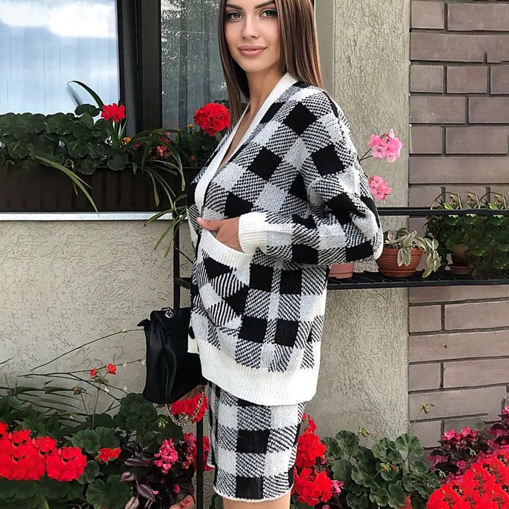 Ensemble tricot pour femmes avec motif à carreaux moderne et poches pratiques Chic & Stil