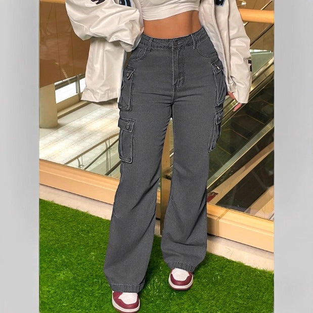 Women's Cargo Denim Pants with Wide Leg, High Waist & Multifunctional Flap Pockets Amarae