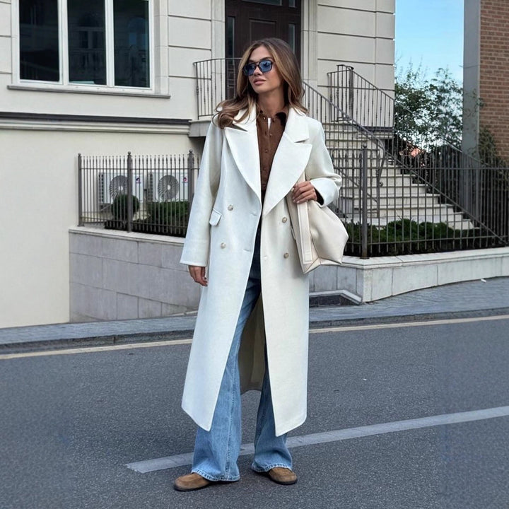 Women's Mid-length Double-breasted Wool Blend Coat with Distinctive Lapels and Tailored Fit Amarae
