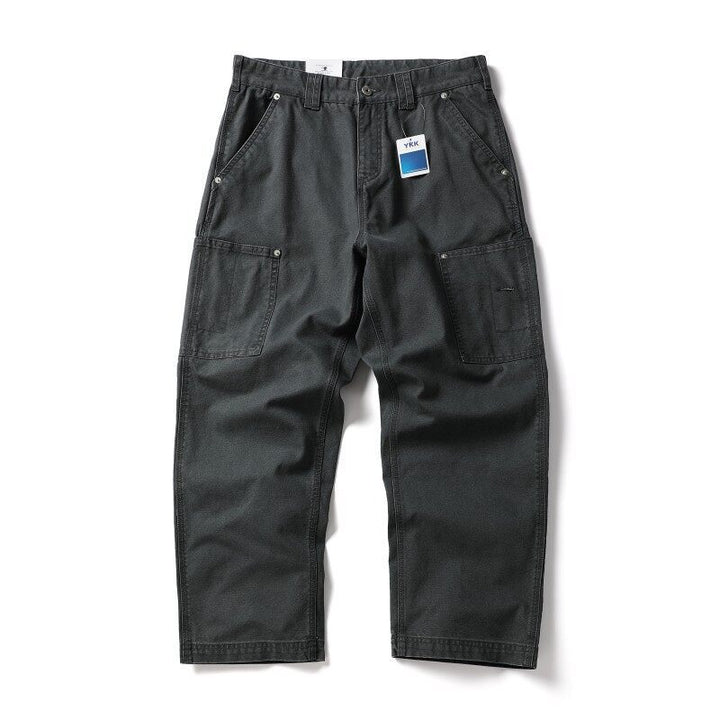 Men's Wide Canvas Cargo Pants with Large Patch Leg Pockets and Relaxed Baggy Cut Amarae