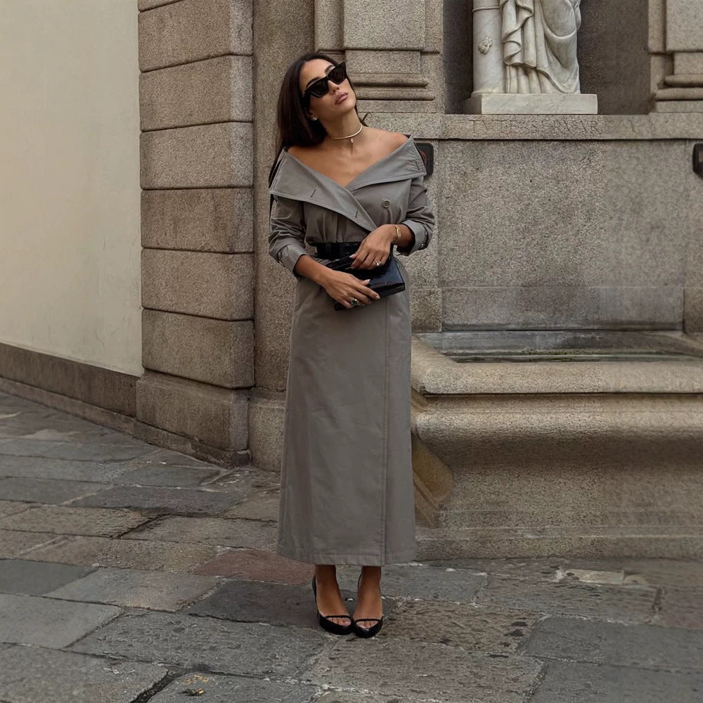 Women Off-Shoulder Trench Dress with Double-Breasted Button Placket and Fitted Patent Belt Amarae