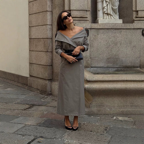 Women Off-Shoulder Trench Dress with Double-Breasted Button Placket and Fitted Patent Belt Amarae