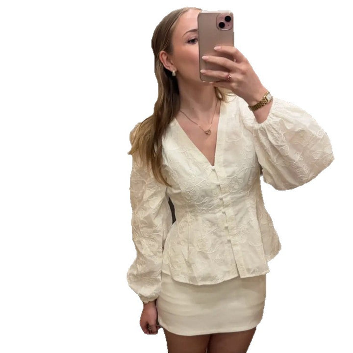 Women's Tailored Lace Blouse in Corset Style with V-Neck, Button Placket and Balloon Sleeves Amarae