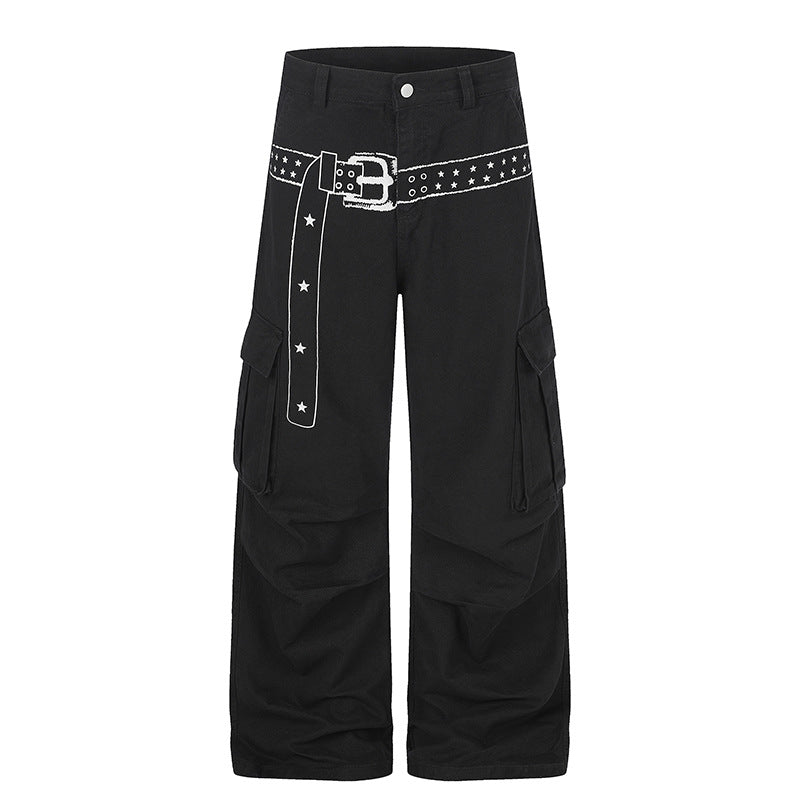 Women's cargo palazzo pants made of cotton blend with wide legs, patch flap pockets and belt print Amarae