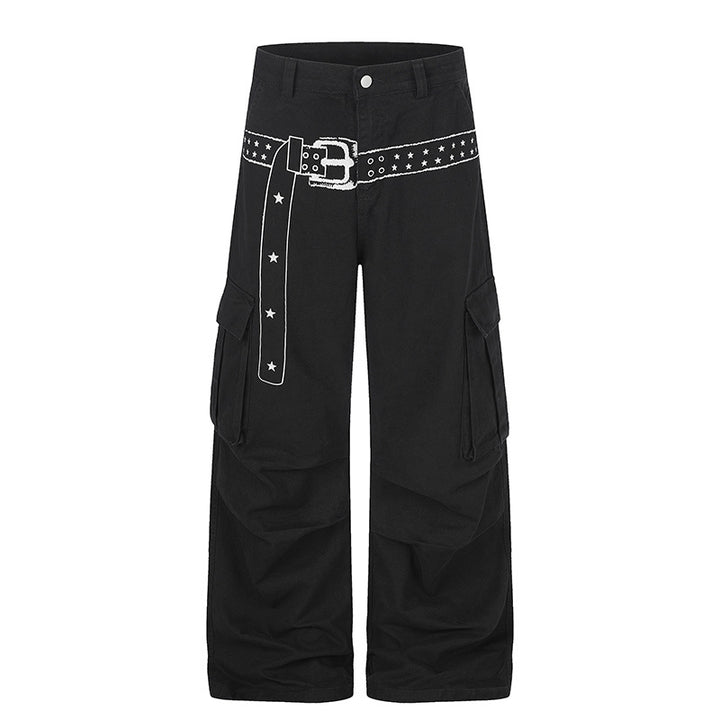 Women's cargo palazzo pants made of cotton blend with wide legs, patch flap pockets and belt print Amarae