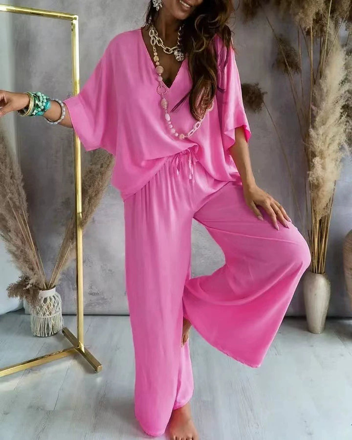 Lune London | Elegant Two-Piece Set Made of Chiffon Top and Wide Leg Pants