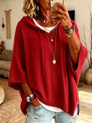 Ladies Oversized Knit Poncho with Hood, Batwing Sleeves and Side Slits Amarae