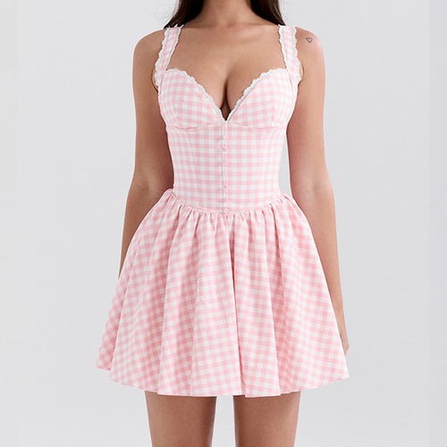 Women's Playful Checkered Dress with Deep V-Neck and Ruffle Details Amarae