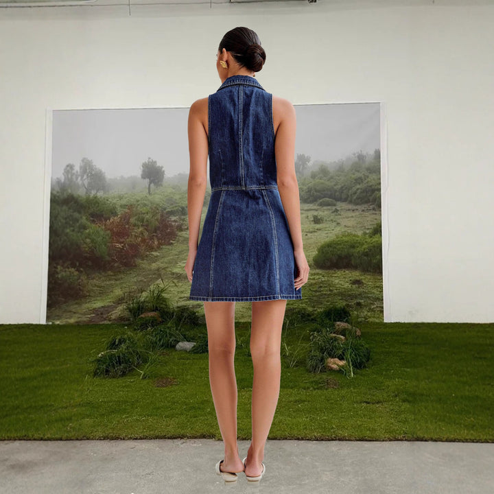 Women's denim dress with modern lapel collar and button details Lune London