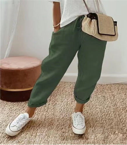 Women's linen jogger pants with drawstring, loose tapered fit and rolled hems Amarae