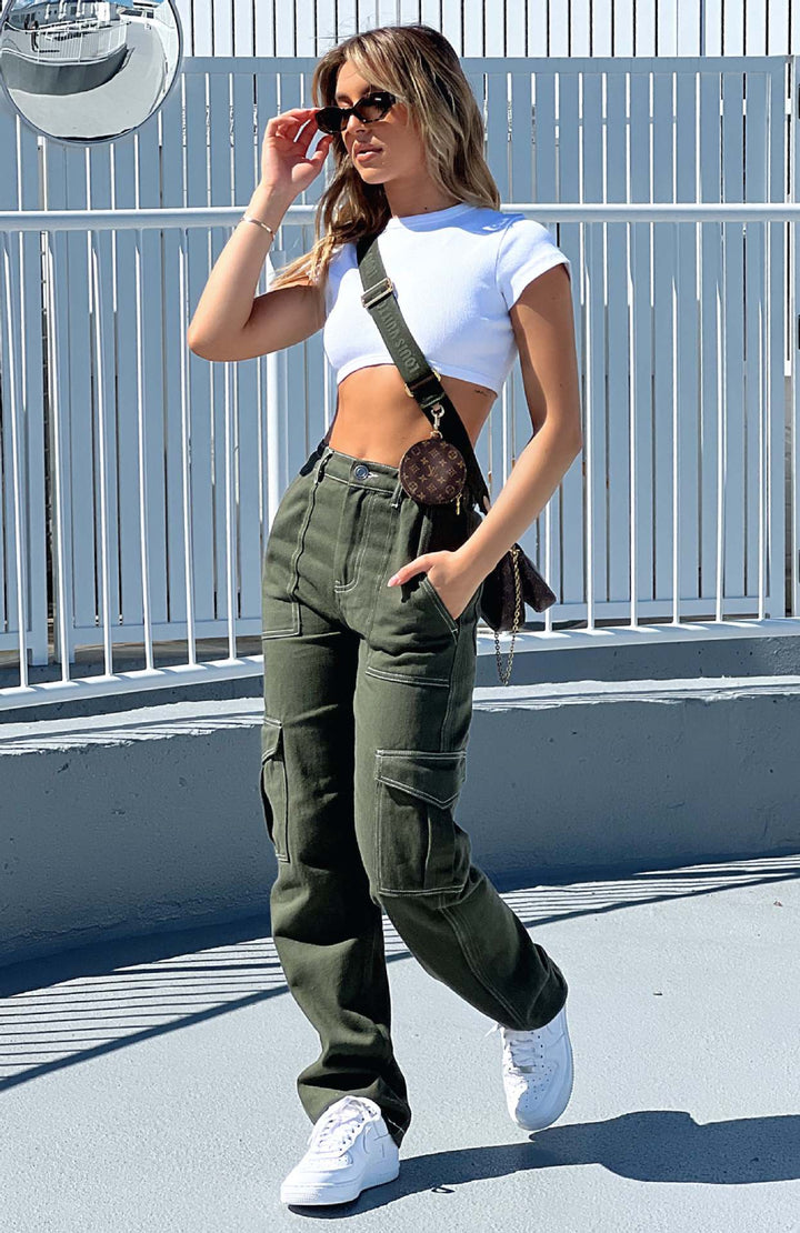 Women's Cargo Pants with Elastic Waistband and Practical Pockets Lune London