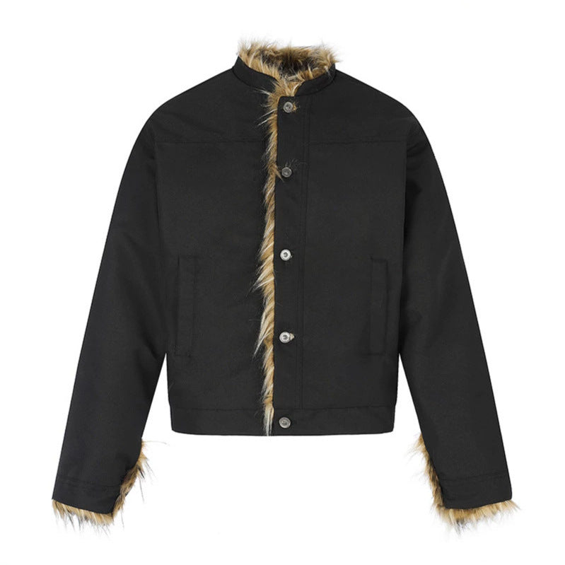 Women's Short Jacket with Faux Fur Lining, Stand-Up Collar and Concealed Button Placket Amarae