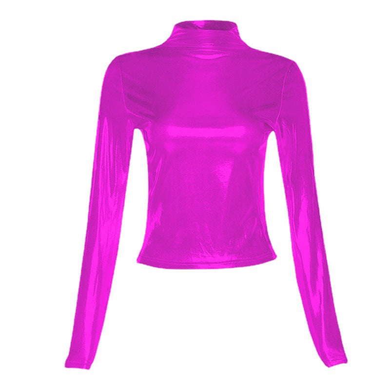 Ladies Long Sleeve Shiny Turtleneck Top Lune London