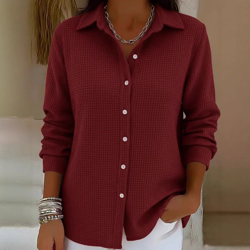 Women's Structured Shirt Blouse in Waffle Knit with Classic Collar and Continuous Button Placket Amarae