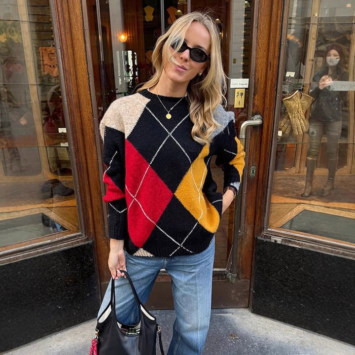 Women's Oversize Argyle Sweater made from Mohair Blend with Round Neck and Contrasting Diamond Details Amarae