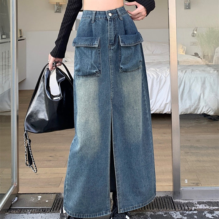 Jupe en denim longue pour femmes avec poches plaquées pratiques Chic & Stil