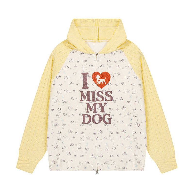 Women's hoodie cardigan with full zip, ribbed sleeves, and dog statement print Amarae