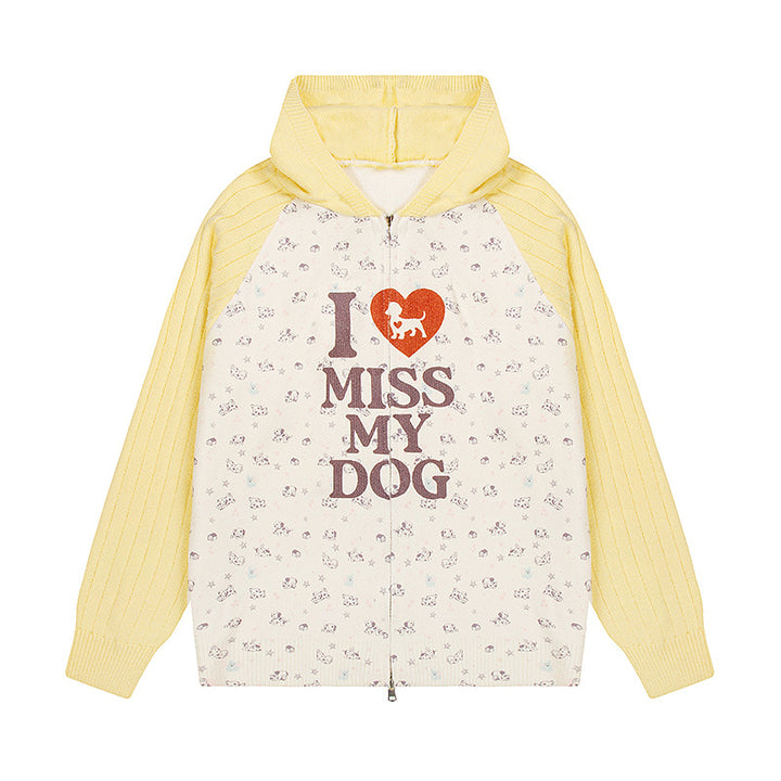 Women's hoodie cardigan with full zip, ribbed sleeves, and dog statement print Amarae