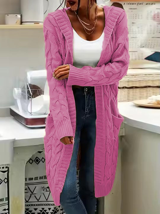 Ladies chunky knit cardigan with side pockets and structured cable design Lune London