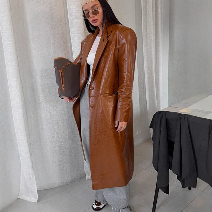 Women's long-cut patent leather trench coat with lapel collar and boxy oversized fit Amarae