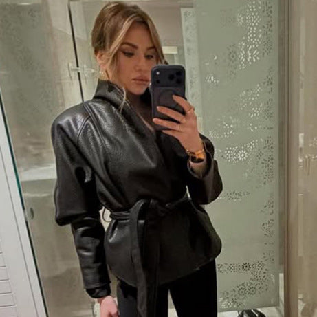 Women's Tailored Leather Jacket with Wrap Belt and Kimono Collar Amarae
