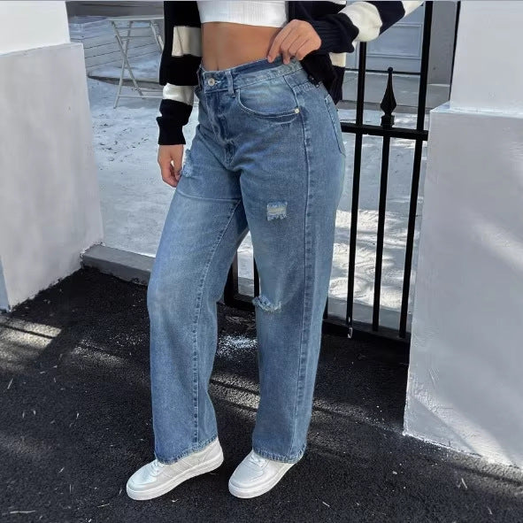 Women high-waisted Relaxed-Straight denim jeans with wide leg and subtle destroy details Amarae