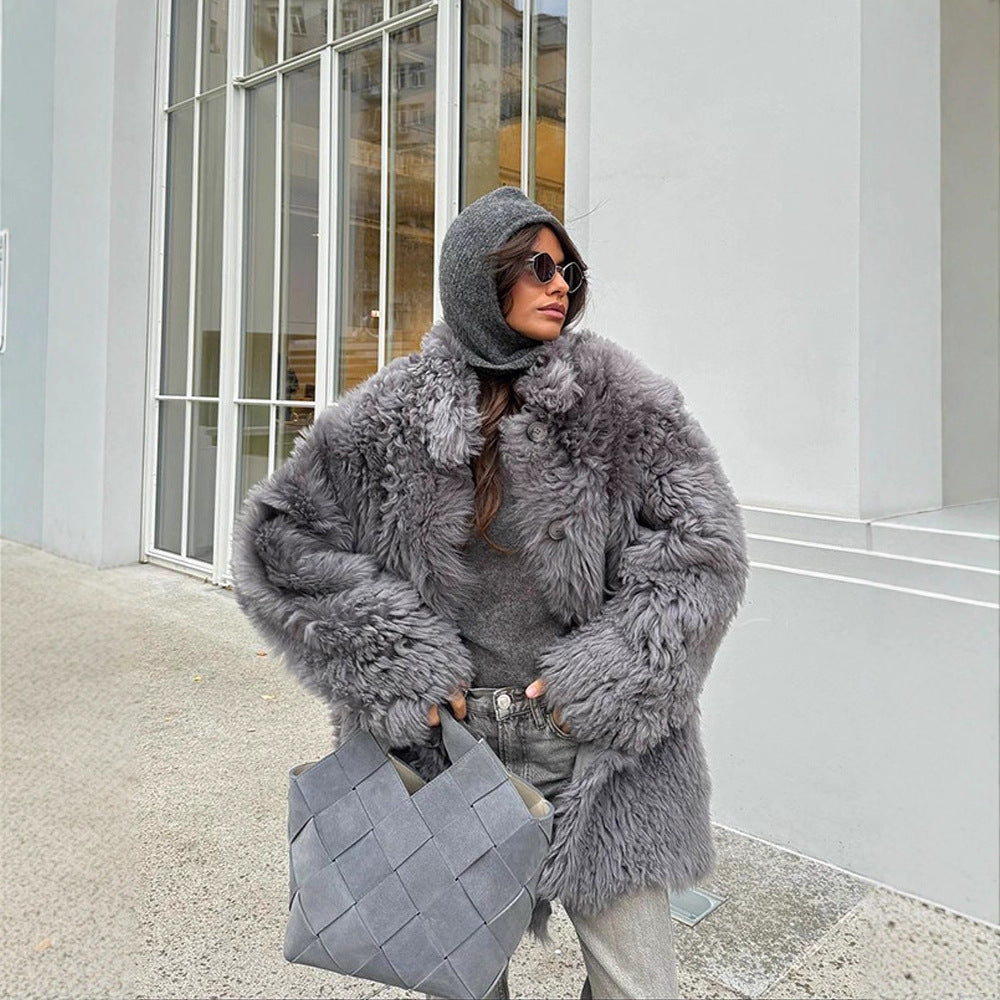 Women's Short Oversize Faux Fur Coat with Voluminous Curly Texture and Button Closure Amarae