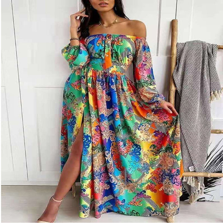 Off-shoulder maxi dress for women with elegant print Lune London