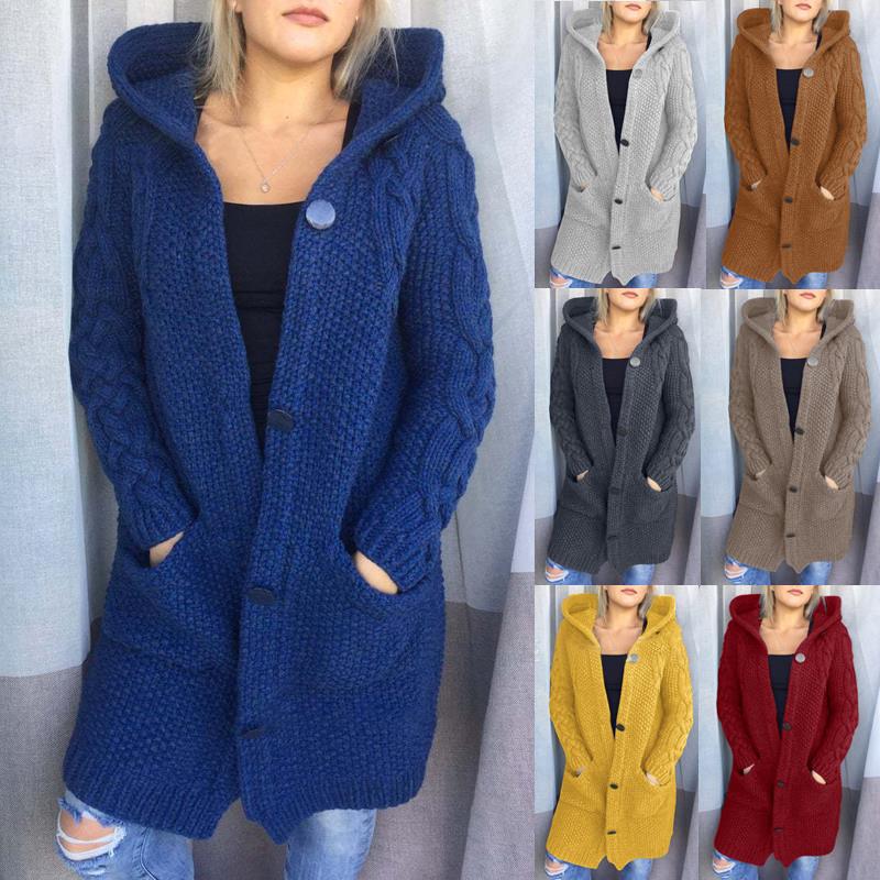 Damen Oversize Kapuzen-Strickmantel mit Zopfstrickärmeln und Eingrifftaschen Drune