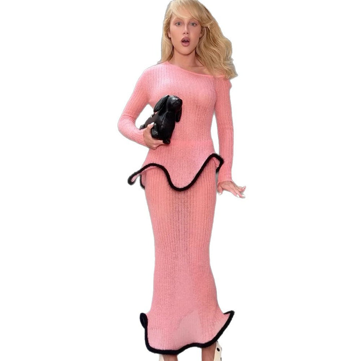 Women's fitted long ribbed knit dress with asymmetrical neckline, ruffled peplum and contrasting piping edge Amarae