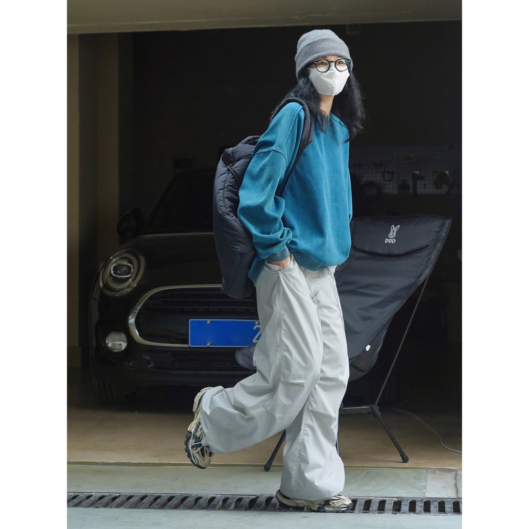 Women's Extra Wide Nylon Cargo Pants with Drawstring Waist and Attached Pockets Amarae