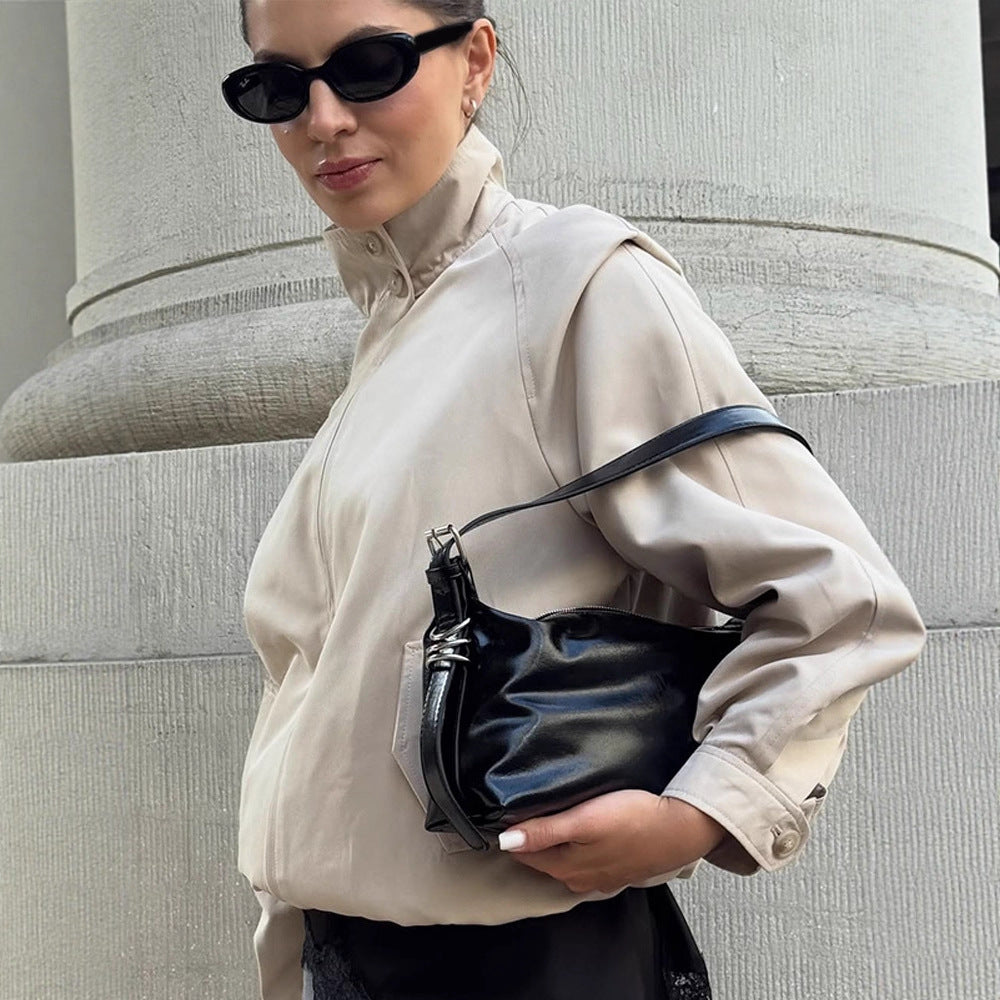 Women Lightweight Tailored Cropped Bomber with High Stand Collar and Raglan Sleeves Amarae