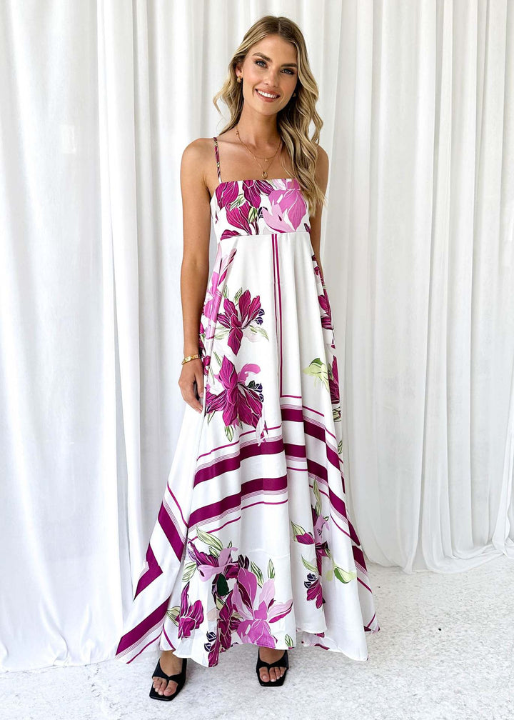 Ladies maxi dress with modern graphic patterns and thin straps Lune London