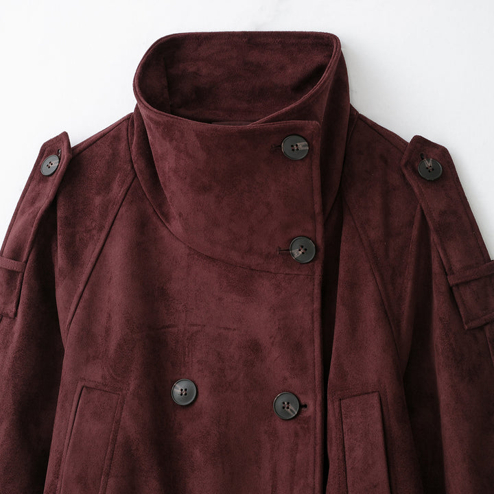 Women's Velvet Trench Coat with High Funnel Collar and Tie Belt Amarae