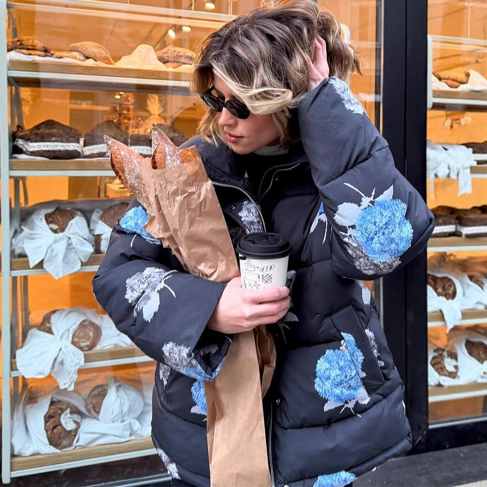 Women Padded Oversized Quilted Jacket with Floral Print and Hood Amarae