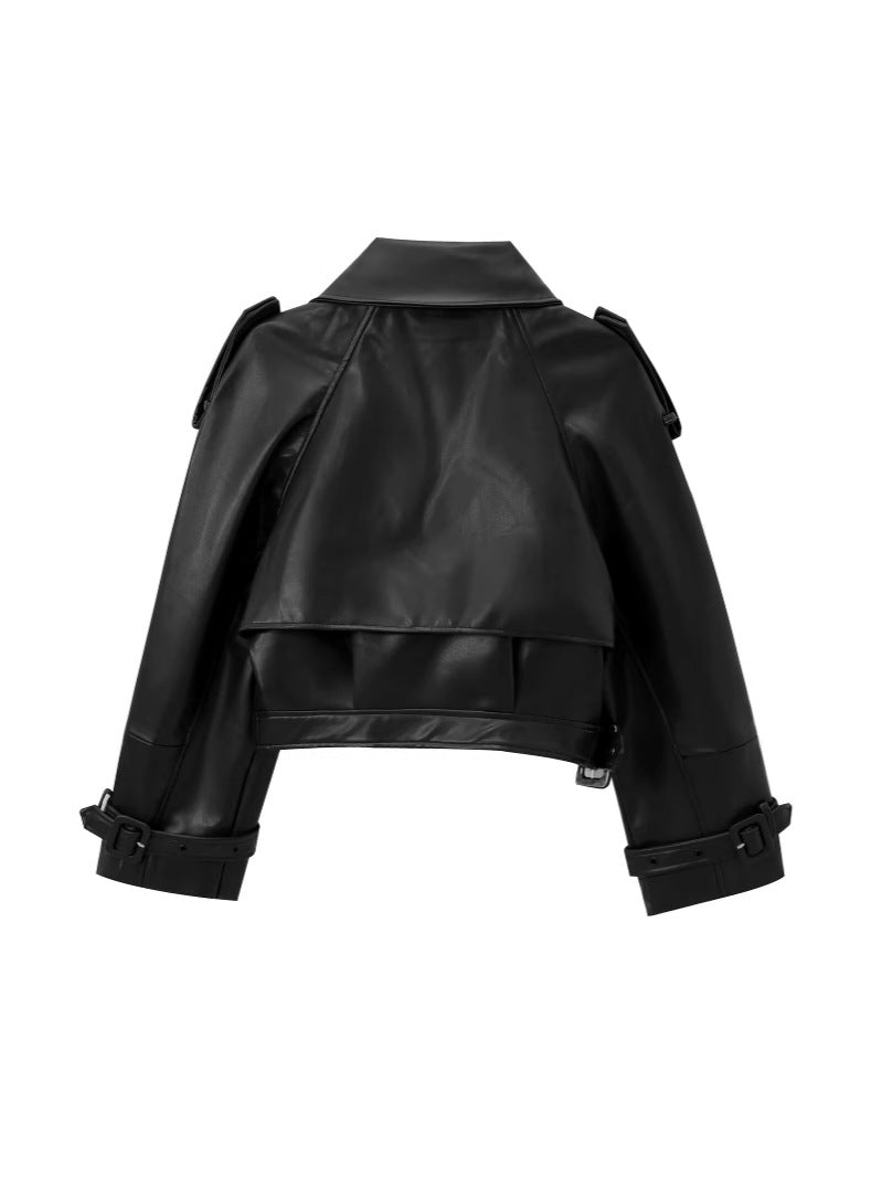 Women's Cropped Leather Motorcycle Jacket with Asymmetric Lapel Amarae