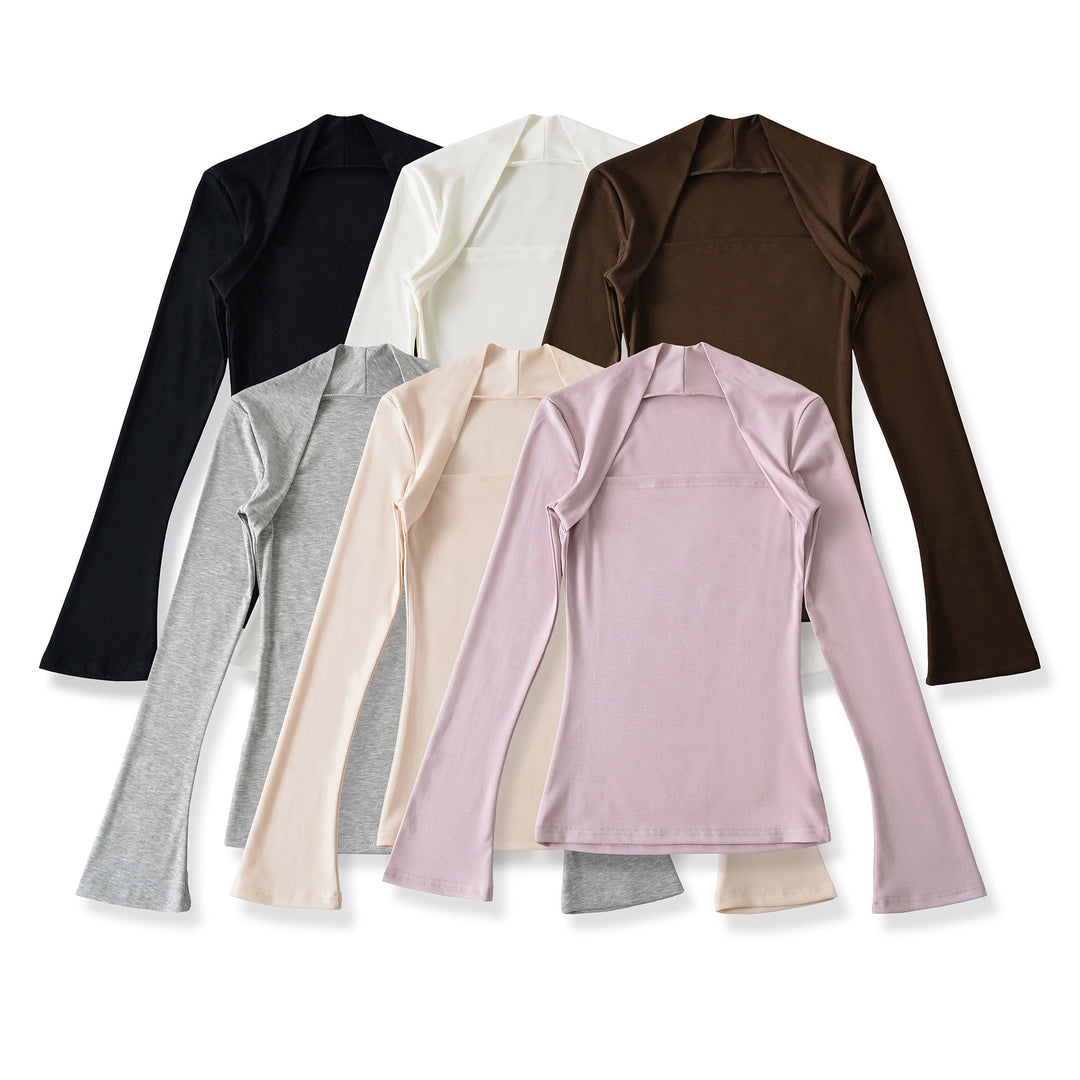 Women's fitted long-sleeve top with wide shawl collar and trumpet sleeves Amarae